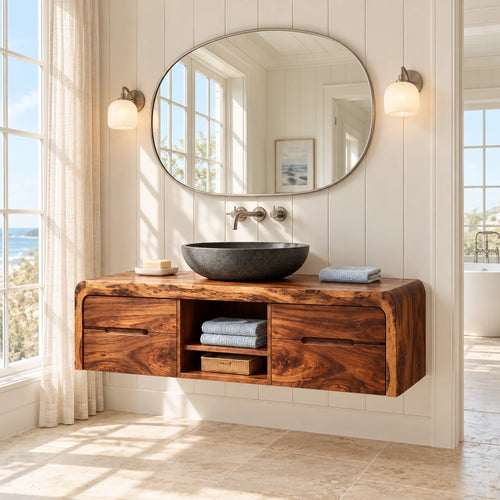 Natural Wood Bathroom Vanity with Waterfall Ends, Four Drawers and Open Cubbies - Woodenecho
