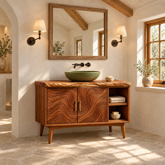 Natural Wood Bathroom Vanity with Wave-Carved Doors, Open Shelf and Vessel Basin - Woodenecho