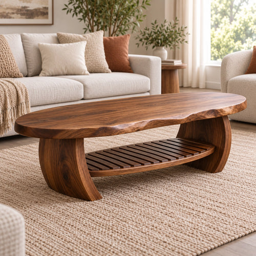 Organic Coffee Table with Curved Wooden Base and Open Shelf Storage - Woodenecho - 1