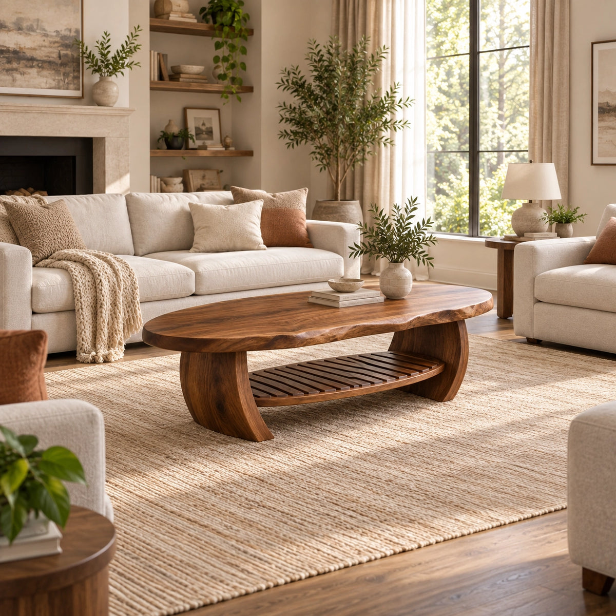 Organic Coffee Table with Curved Wooden Base and Open Shelf Storage - Woodenecho - 2