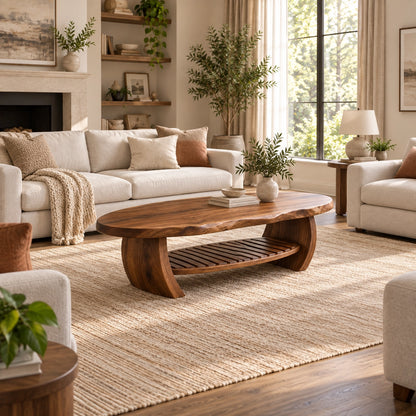 Organic Coffee Table with Curved Wooden Base and Open Shelf Storage - Woodenecho - 2