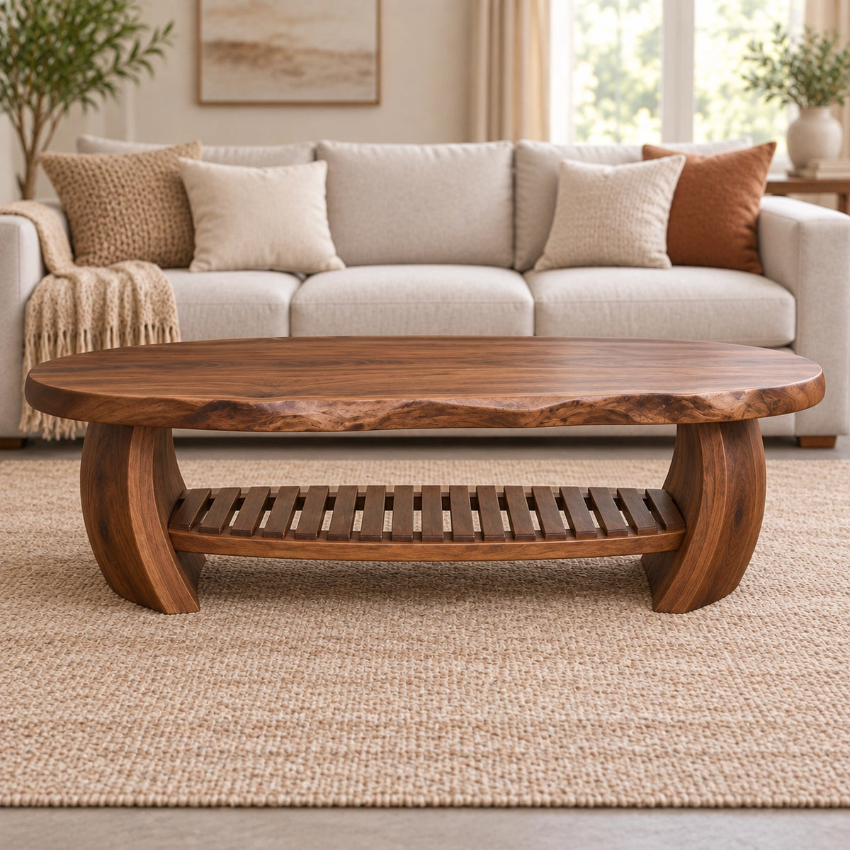 Organic Coffee Table with Curved Wooden Base and Open Shelf Storage - Woodenecho - 3