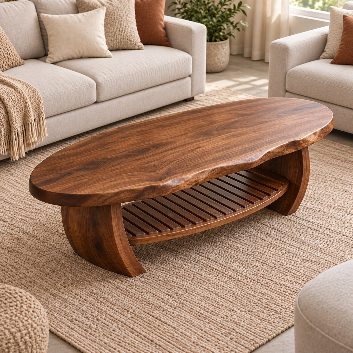 Organic Coffee Table with Curved Wooden Base and Open Shelf Storage - Woodenecho - 4