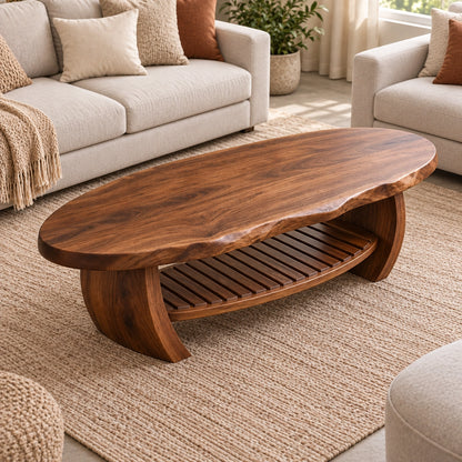 Organic Coffee Table with Curved Wooden Base and Open Shelf Storage - Woodenecho - 4