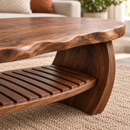 Organic Coffee Table with Curved Wooden Base and Open Shelf Storage - Woodenecho - 5