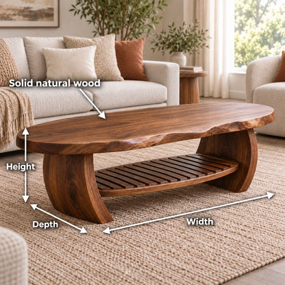Organic Coffee Table with Curved Wooden Base and Open Shelf Storage - Woodenecho - 6