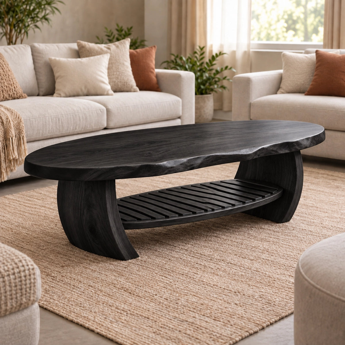 Organic Coffee Table with Curved Wooden Base and Open Shelf Storage - Woodenecho - 7