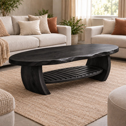 Organic Coffee Table with Curved Wooden Base and Open Shelf Storage - Woodenecho - 7