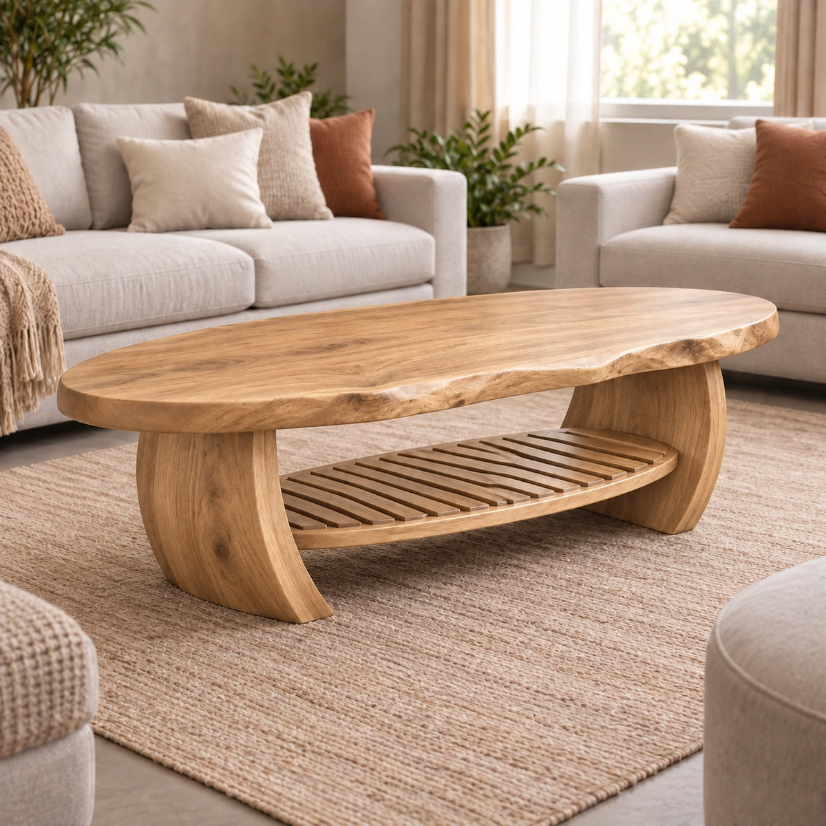 Organic Coffee Table with Curved Wooden Base and Open Shelf Storage - Woodenecho - 8