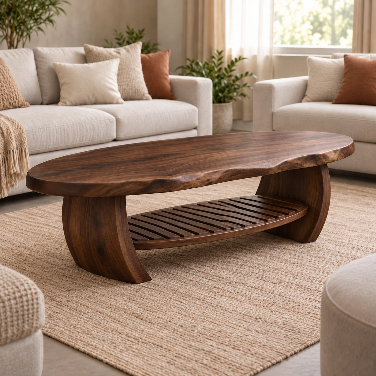 Organic Coffee Table with Curved Wooden Base and Open Shelf Storage - Woodenecho - 9