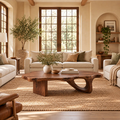 Organic Coffee Table with Live-Edge Sculptural Base in Natural Solid Wood - Woodenecho - 1