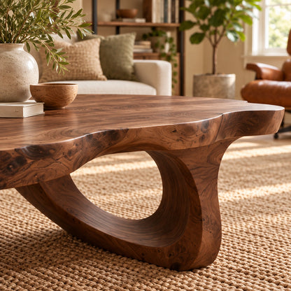 Organic Coffee Table with Live-Edge Sculptural Base in Natural Solid Wood - Woodenecho - 3