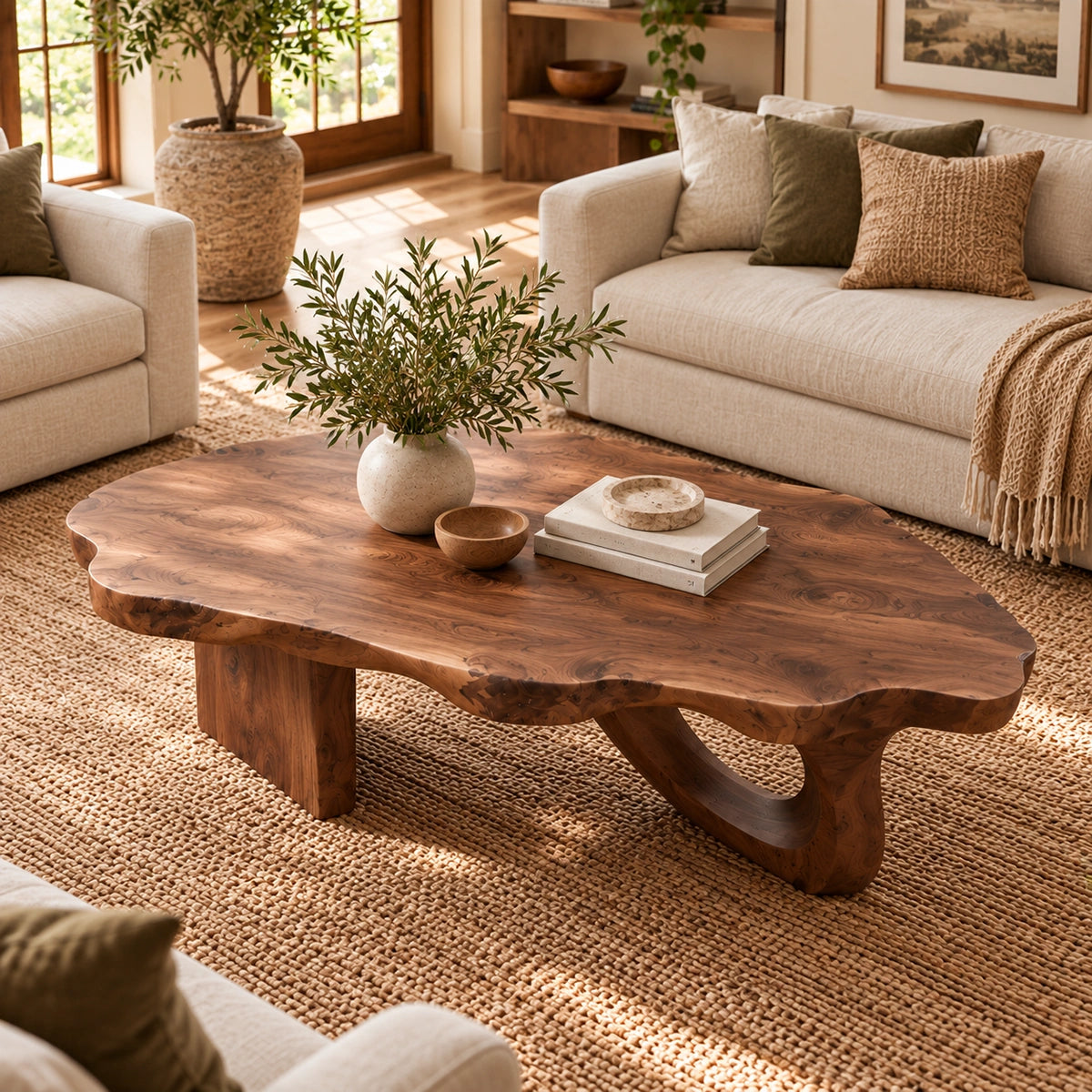 Organic Coffee Table with Live-Edge Sculptural Base in Natural Solid Wood - Woodenecho - 4