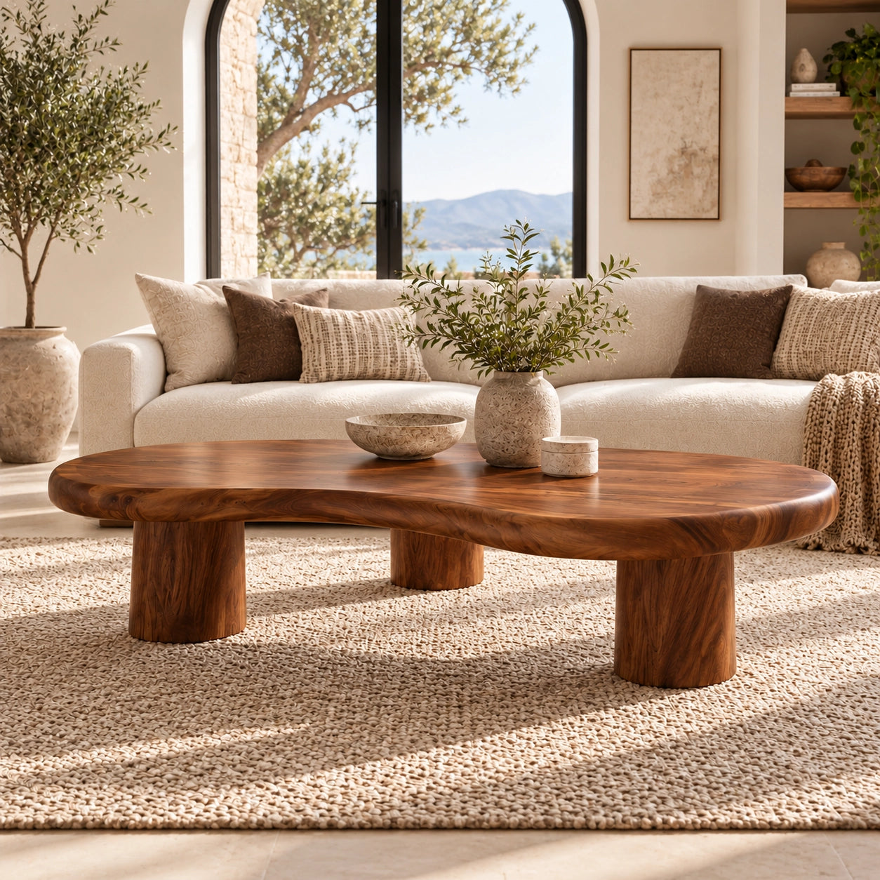 Organic Coffee Table with Rounded Cylindrical Legs in Natural Solid Wood - Woodenecho - 2