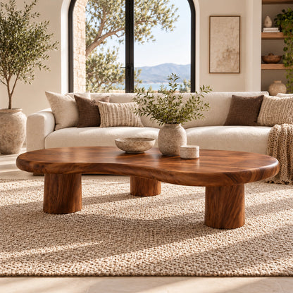 Organic Coffee Table with Rounded Cylindrical Legs in Natural Solid Wood - Woodenecho - 2