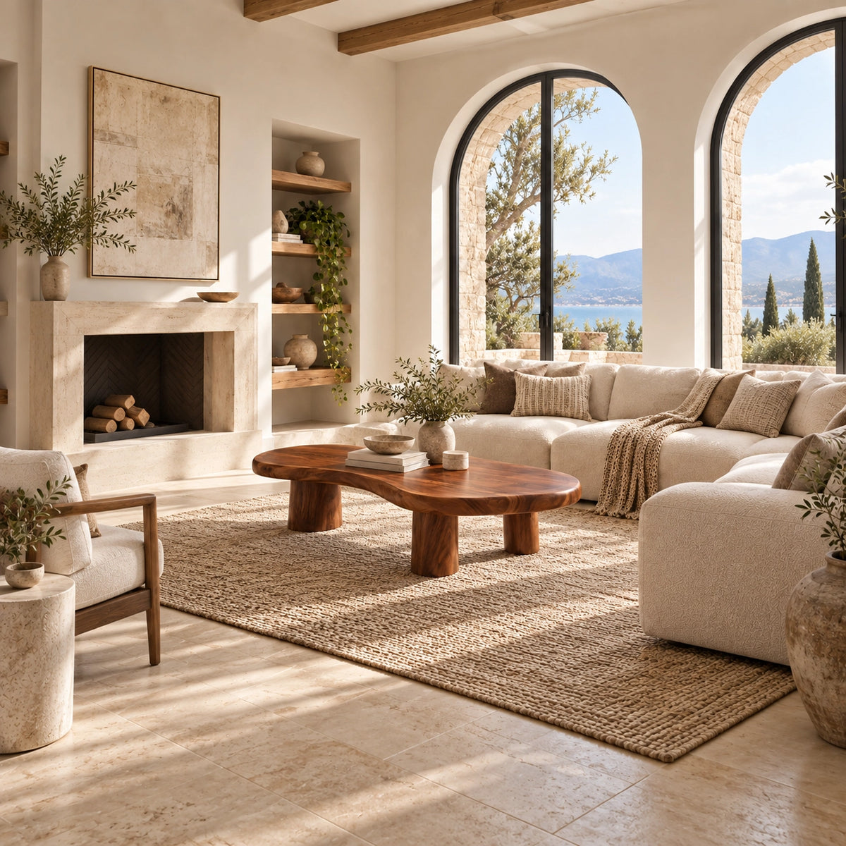 Organic Coffee Table with Rounded Cylindrical Legs in Natural Solid Wood - Woodenecho - 3