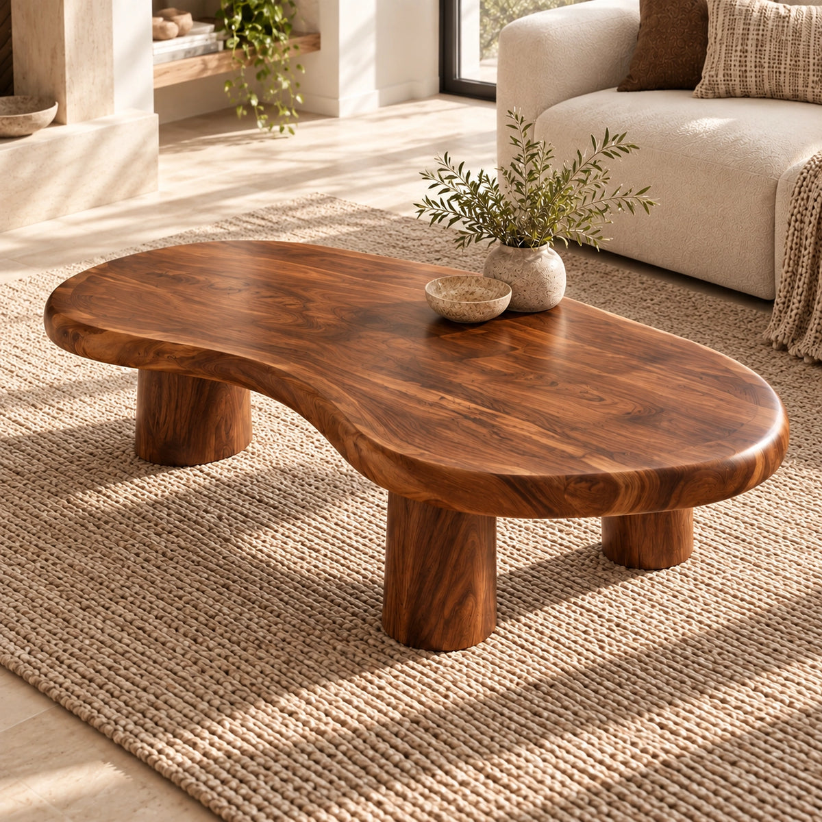 Organic Coffee Table with Rounded Cylindrical Legs in Natural Solid Wood - Woodenecho - 4