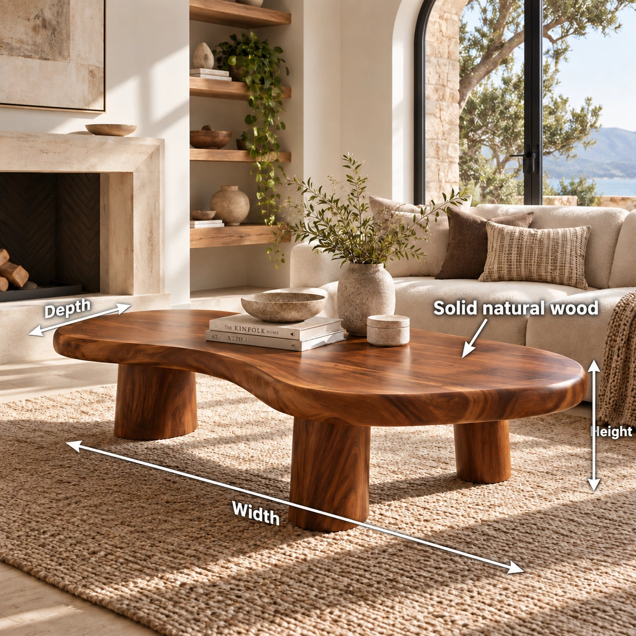 Organic Coffee Table with Rounded Cylindrical Legs in Natural Solid Wood - Woodenecho - 6
