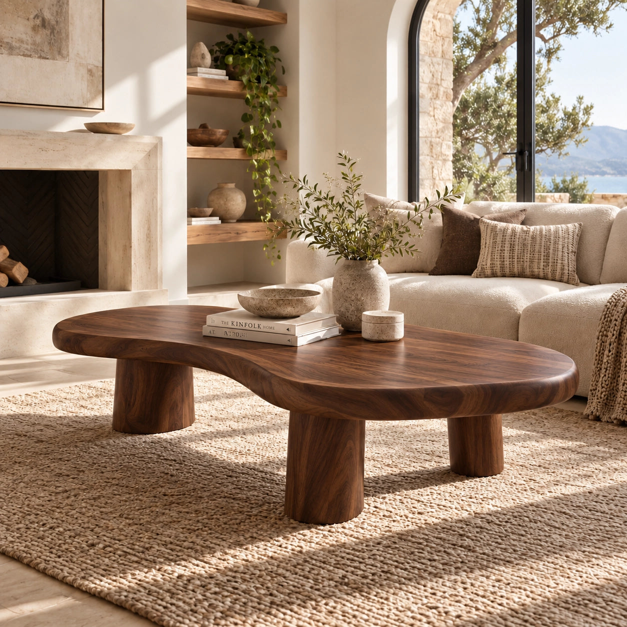 Organic Coffee Table with Rounded Cylindrical Legs in Natural Solid Wood - Woodenecho - 9