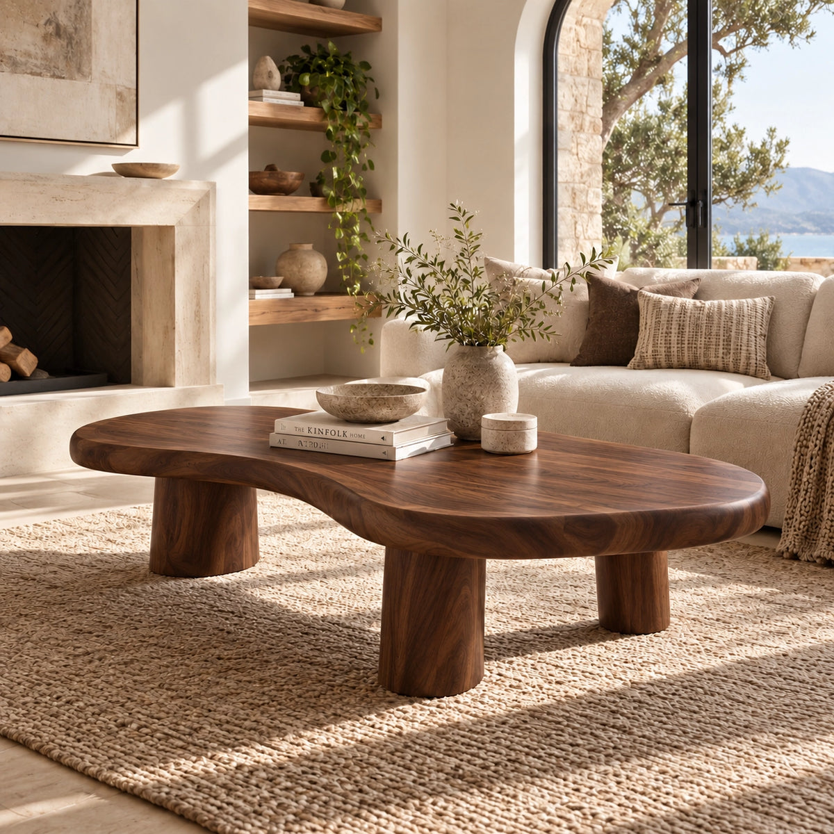 Organic Coffee Table with Rounded Cylindrical Legs in Natural Solid Wood - Woodenecho - 9