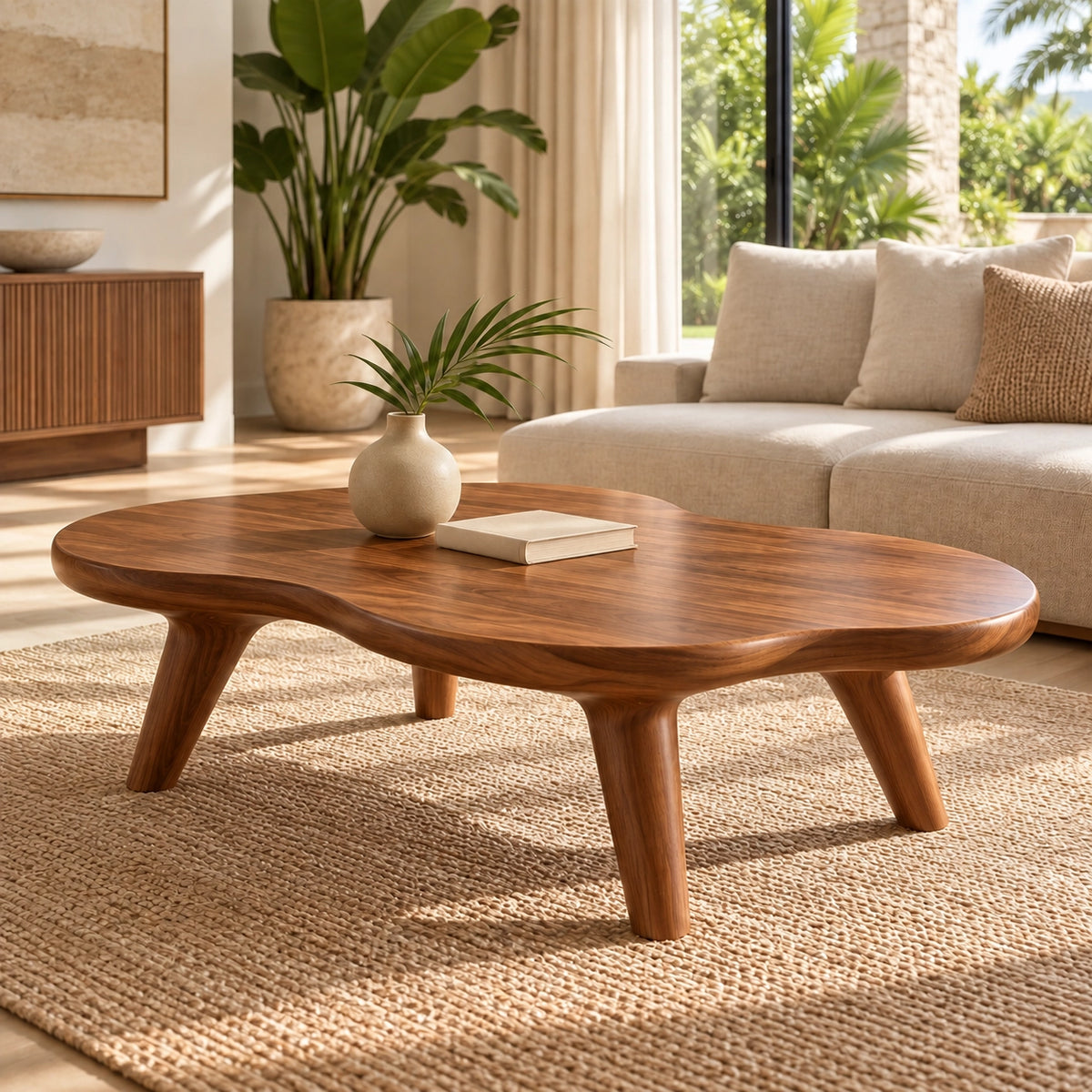 Organic Coffee Table with Rounded Solid Wood Legs in Natural Wood - Woodenecho - 1