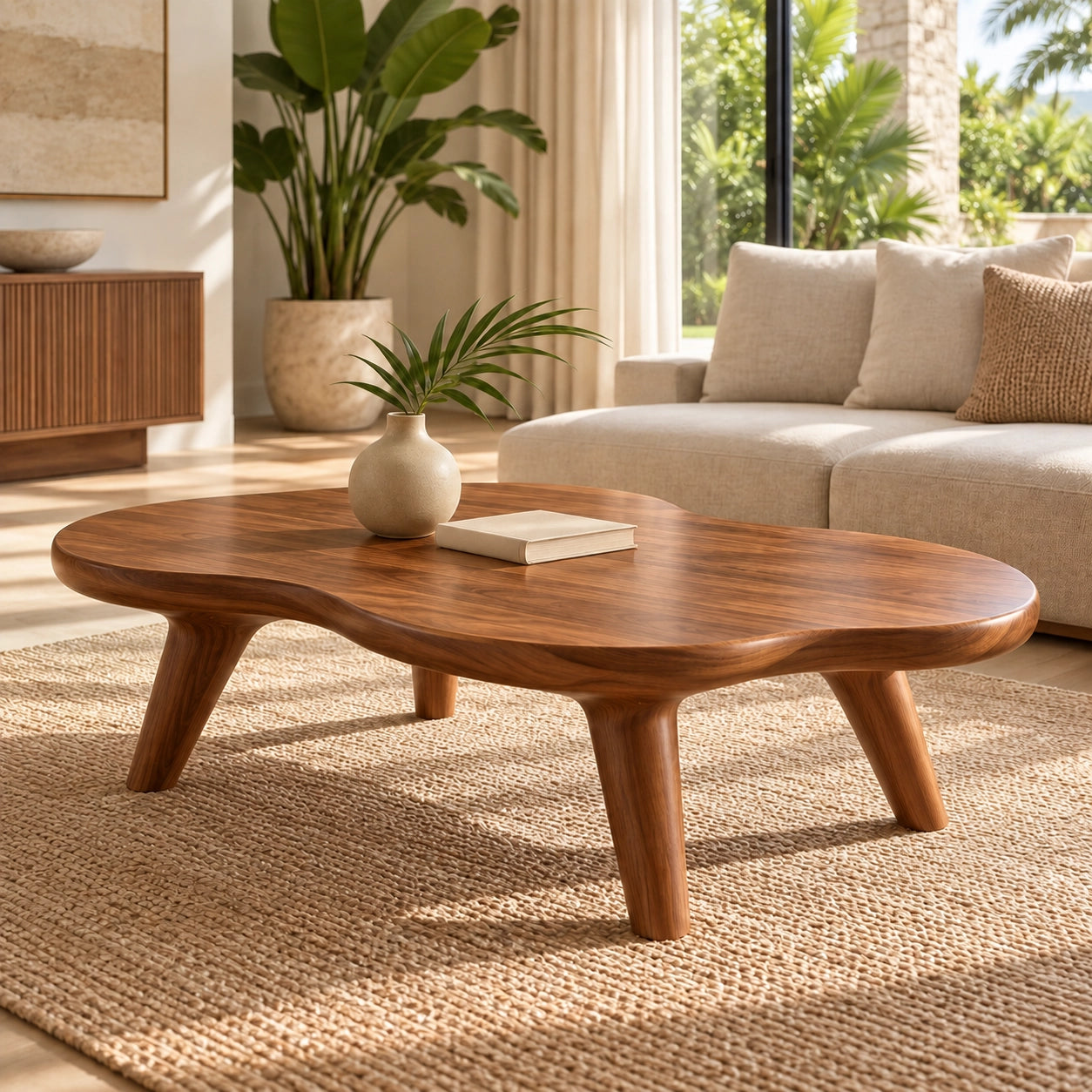 Organic Coffee Table with Rounded Solid Wood Legs in Natural Wood - Woodenecho - 1