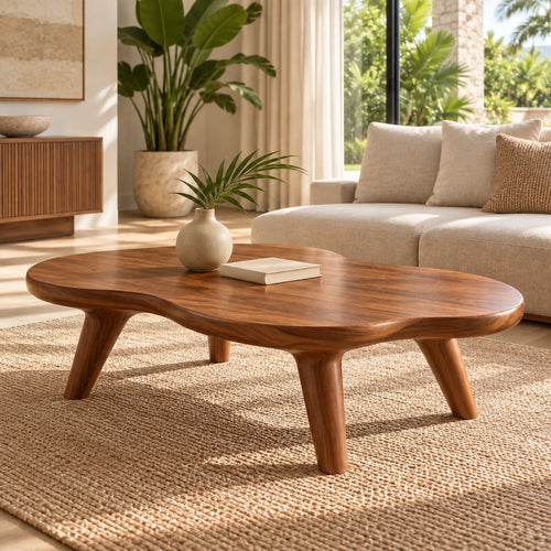 Organic Coffee Table with Rounded Solid Wood Legs in Natural Wood - Woodenecho - 1