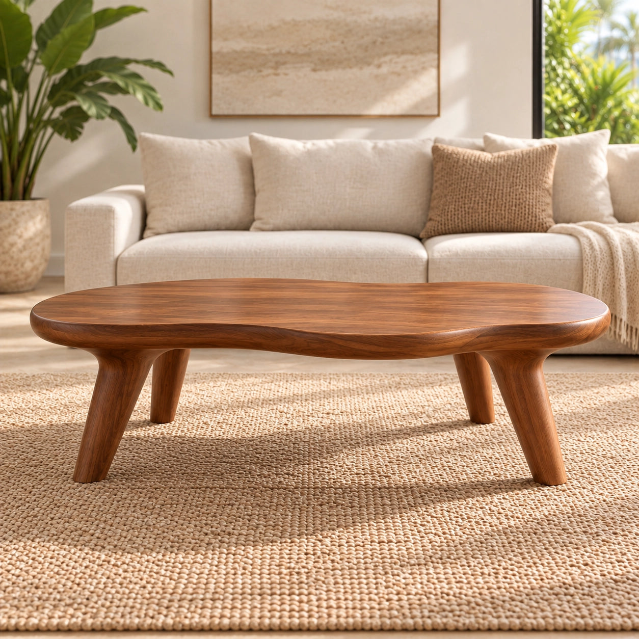 Organic Coffee Table with Rounded Solid Wood Legs in Natural Wood - Woodenecho - 2