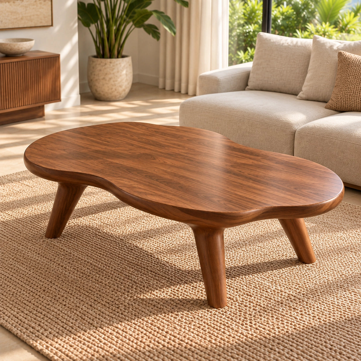 Organic Coffee Table with Rounded Solid Wood Legs in Natural Wood - Woodenecho - 4