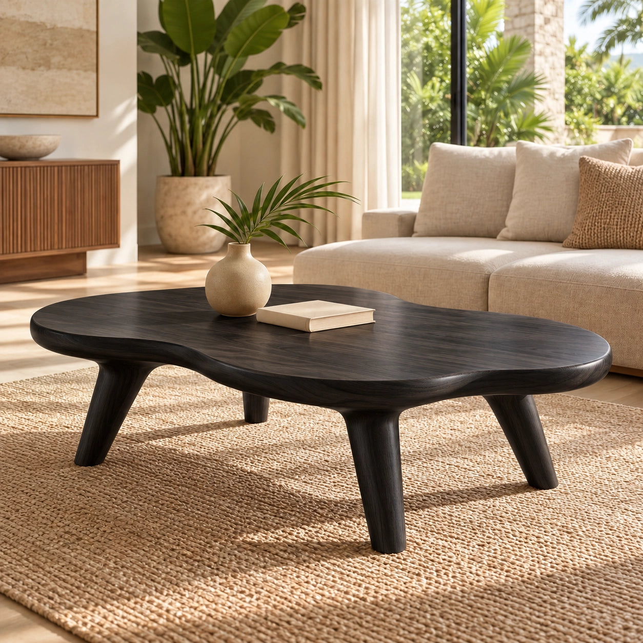 Organic Coffee Table with Rounded Solid Wood Legs in Natural Wood - Woodenecho - 7
