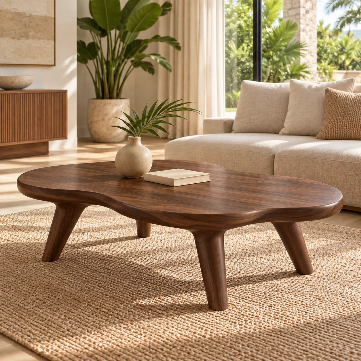 Organic Coffee Table with Rounded Solid Wood Legs in Natural Wood - Woodenecho - 9