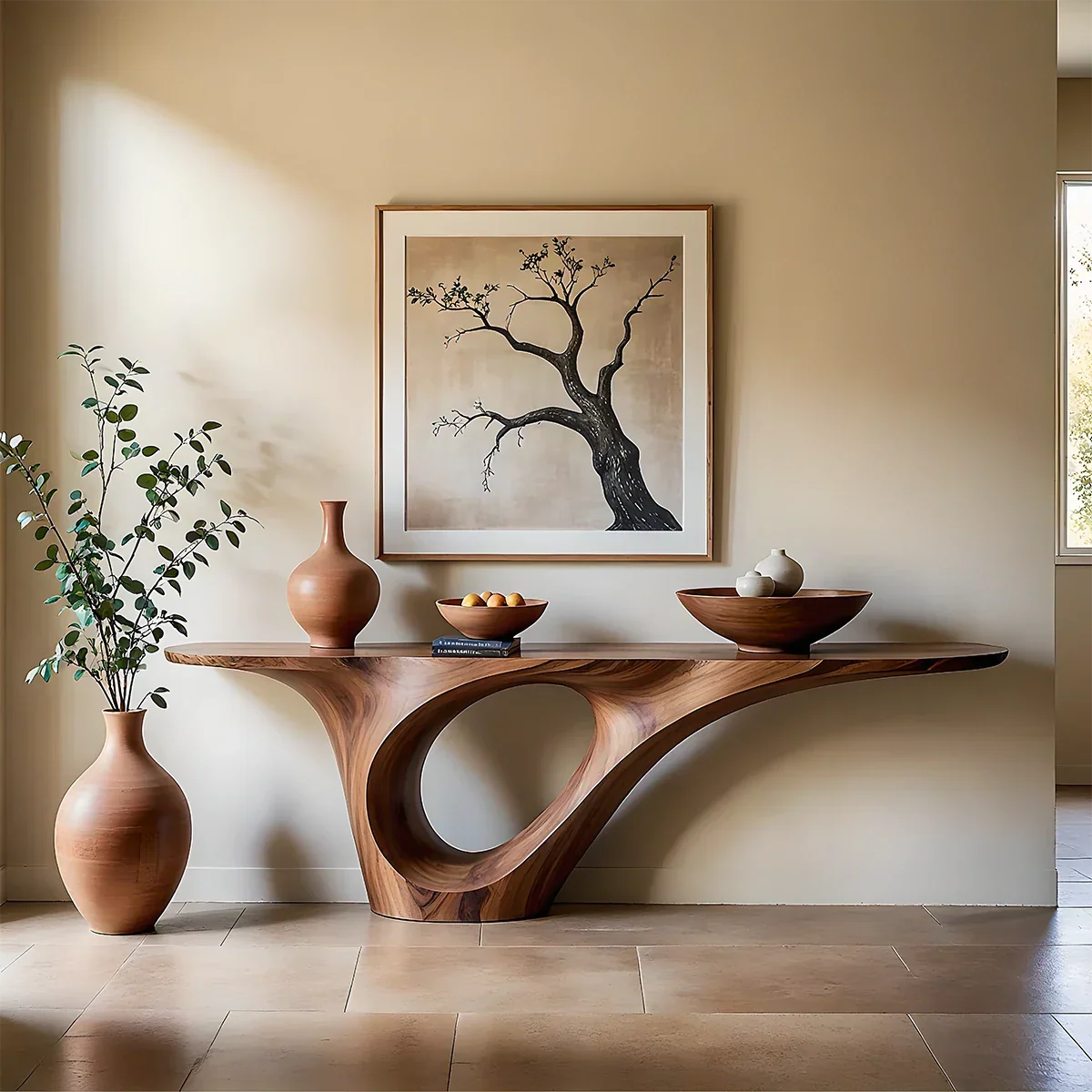 Organic Flow Console Table in Natural Solid Wood with Sculptural Loop Base - ArborisWood