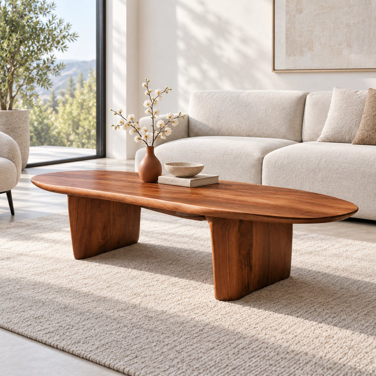 Oval Coffee Table with Cylindrical Natural Solid Wood Base in Four Sizes - Woodenecho - 1