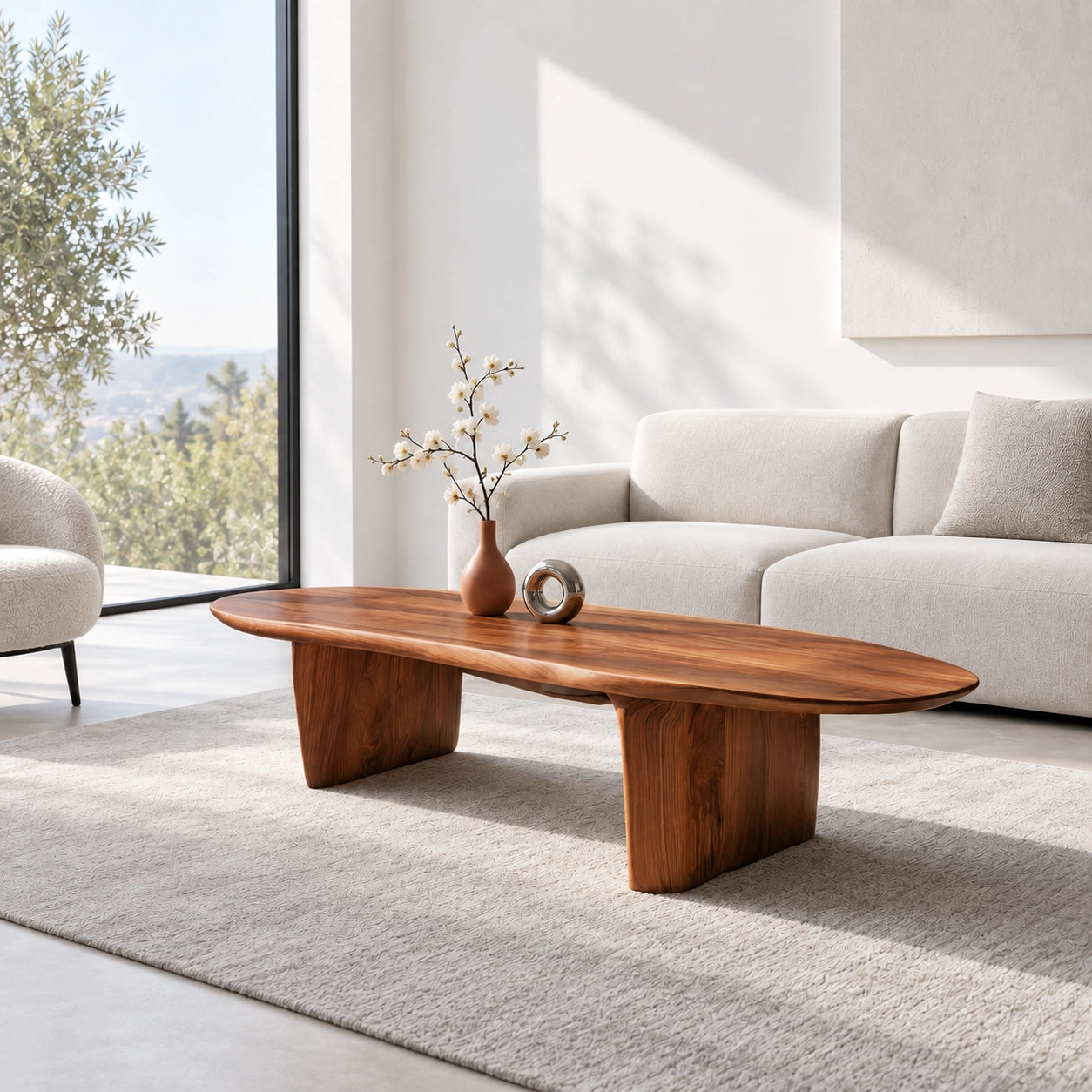 Oval Coffee Table with Cylindrical Natural Solid Wood Base in Four Sizes - Woodenecho - 2