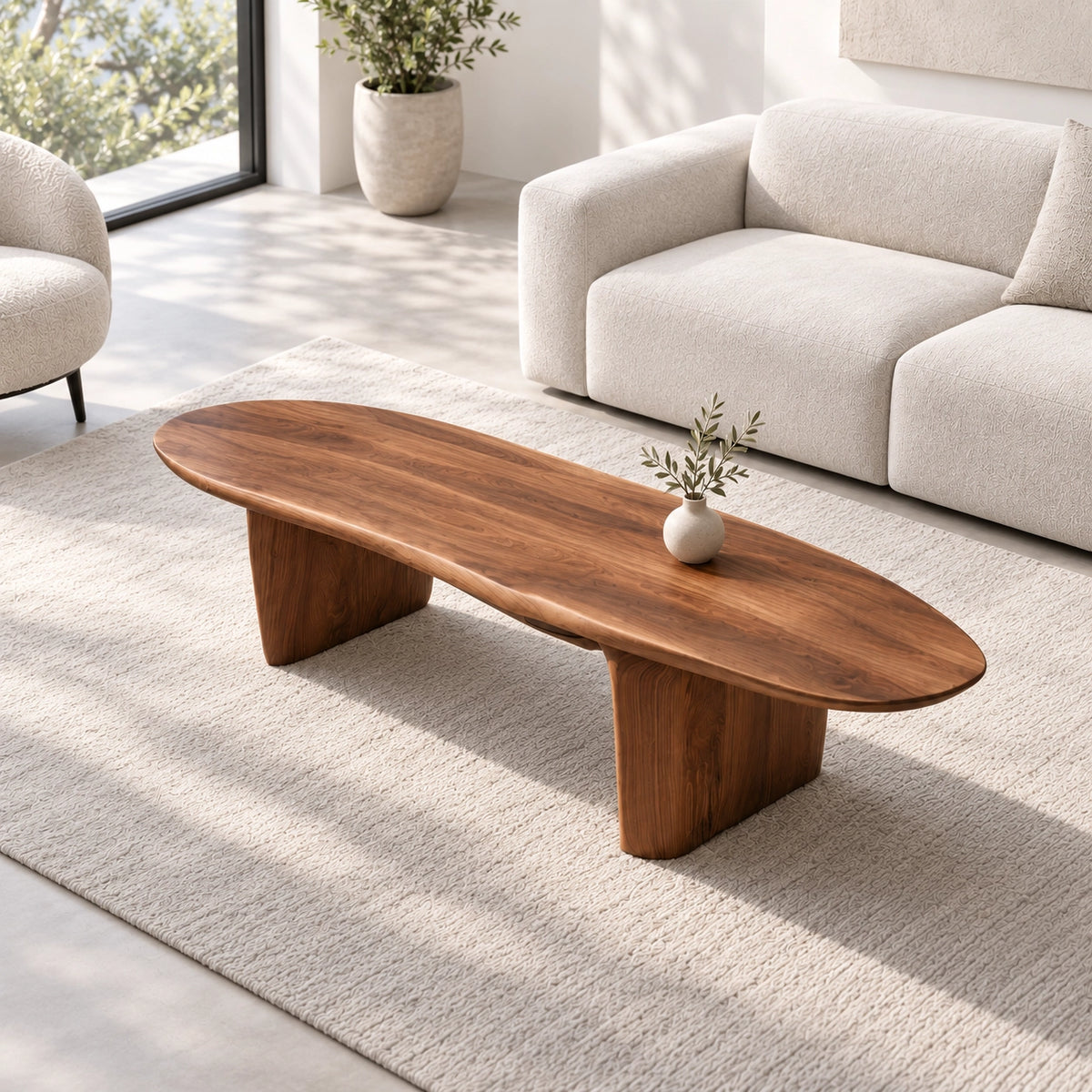 Oval Coffee Table with Cylindrical Natural Solid Wood Base in Four Sizes - Woodenecho - 4