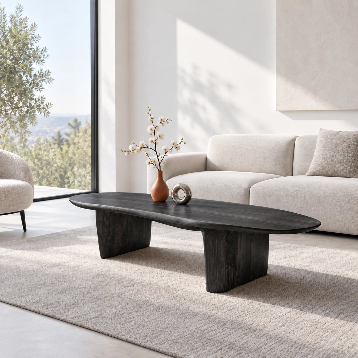 Oval Coffee Table with Cylindrical Natural Solid Wood Base in Four Sizes - Woodenecho - 7