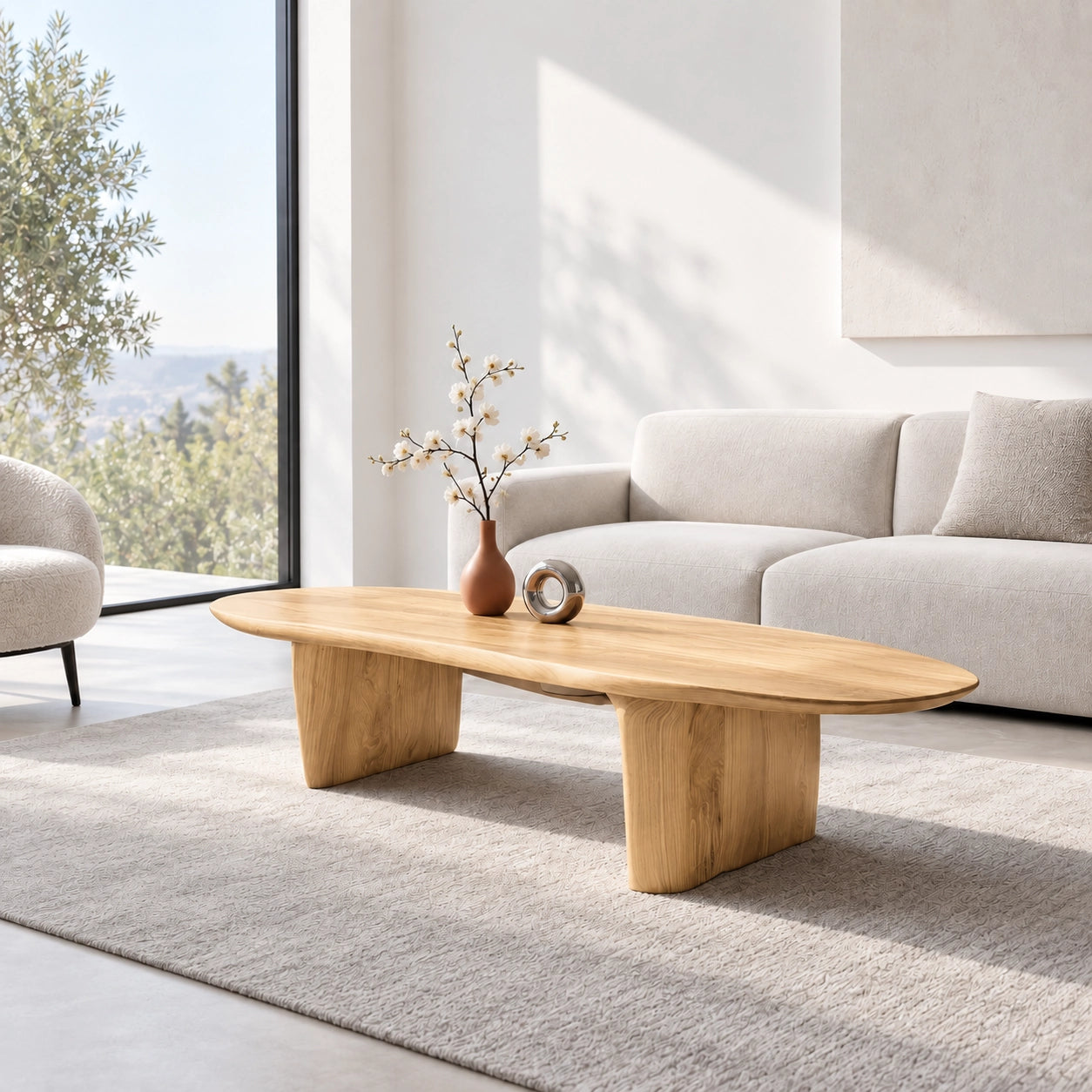Oval Coffee Table with Cylindrical Natural Solid Wood Base in Four Sizes - Woodenecho - 8