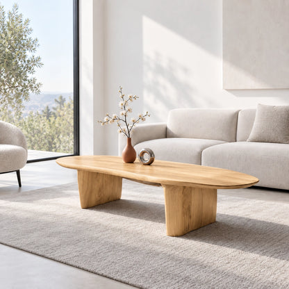 Oval Coffee Table with Cylindrical Natural Solid Wood Base in Four Sizes - Woodenecho - 8