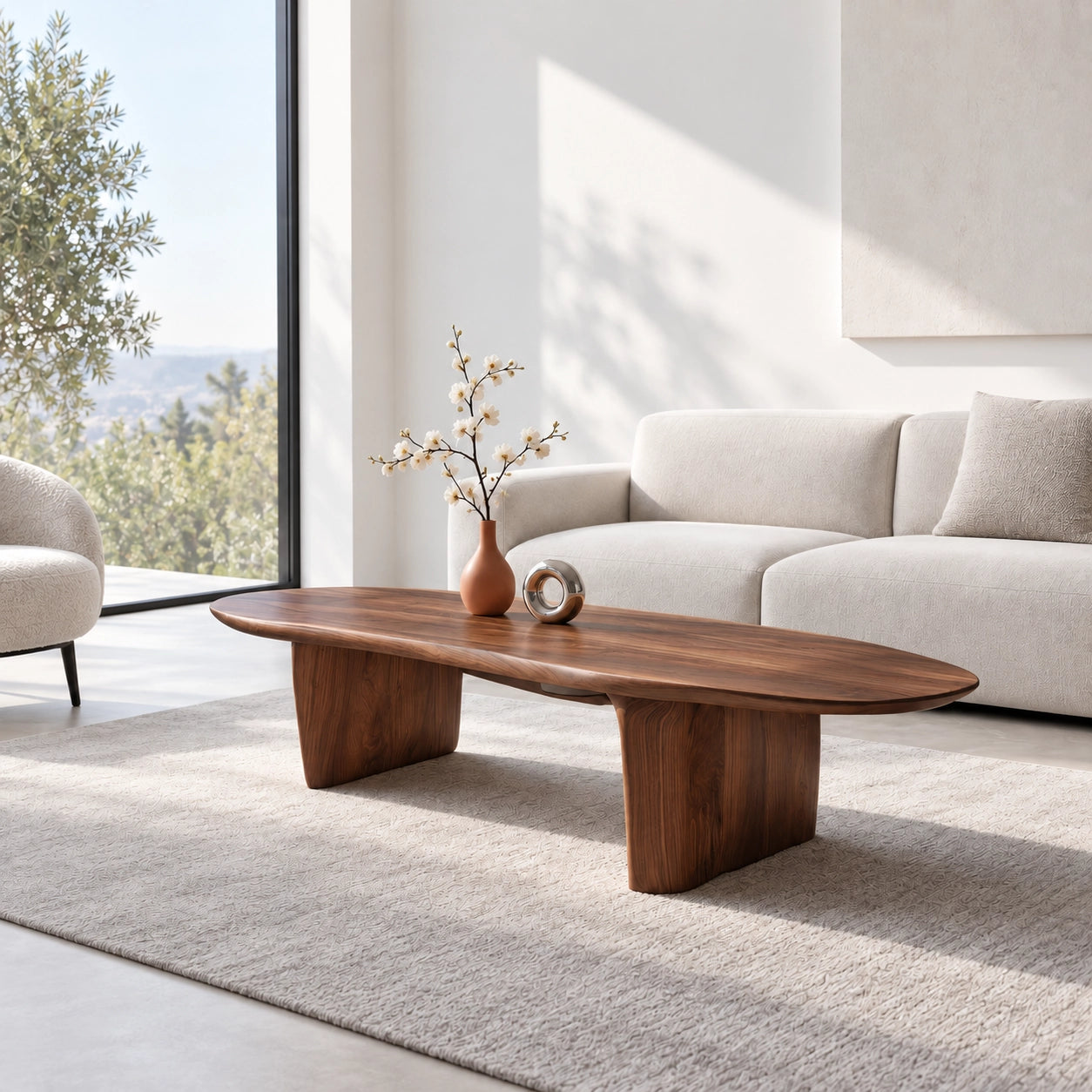Oval Coffee Table with Cylindrical Natural Solid Wood Base in Four Sizes - Woodenecho - 9