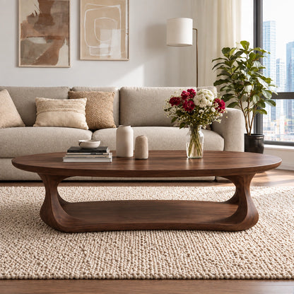Oval Coffee Table with Flowing Curved Base in Natural Solid Woods - Woodenecho - 2
