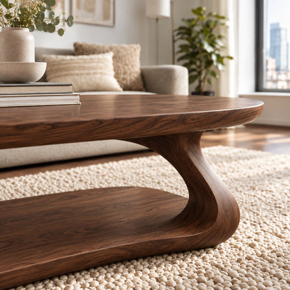 Oval Coffee Table with Flowing Curved Base in Natural Solid Woods - Woodenecho - 3