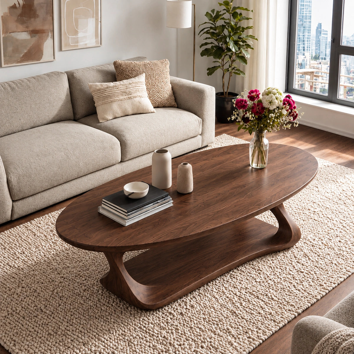 Oval Coffee Table with Flowing Curved Base in Natural Solid Woods - Woodenecho - 4