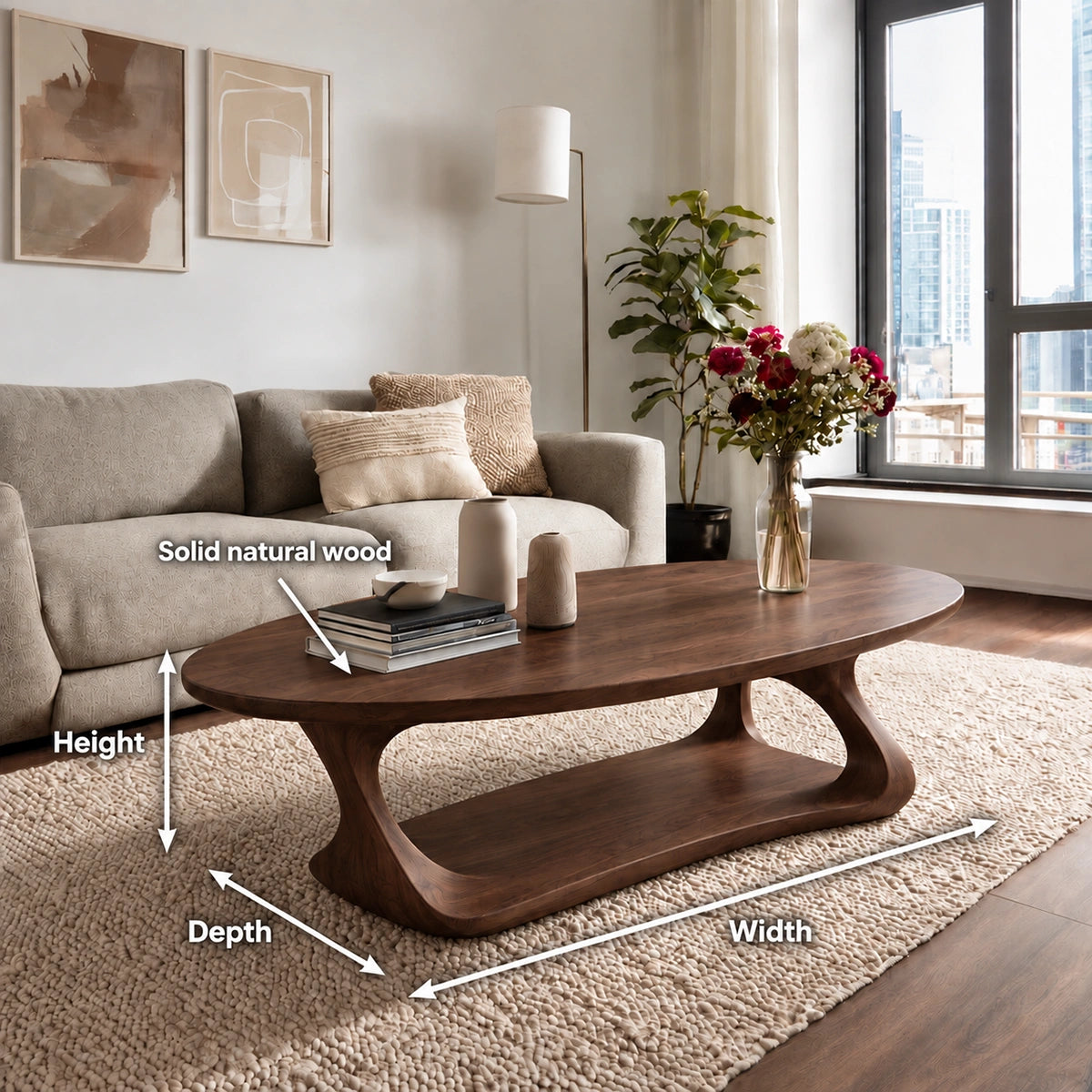 Oval Coffee Table with Flowing Curved Base in Natural Solid Woods - Woodenecho - 5