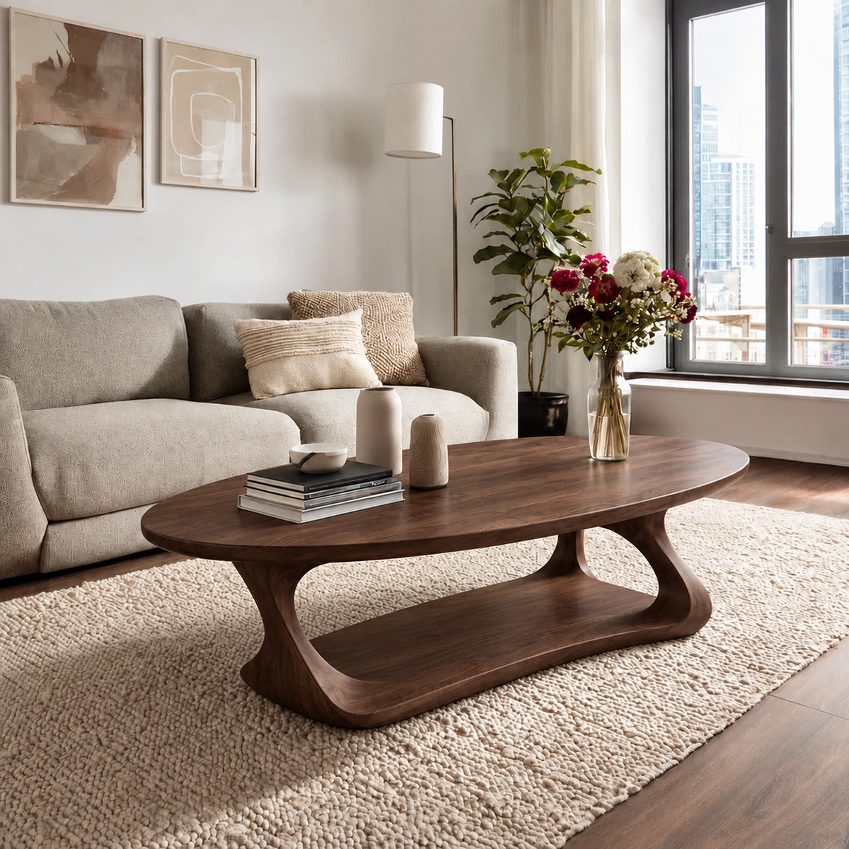 Oval Coffee Table with Flowing Curved Base in Natural Solid Woods - Woodenecho - 6