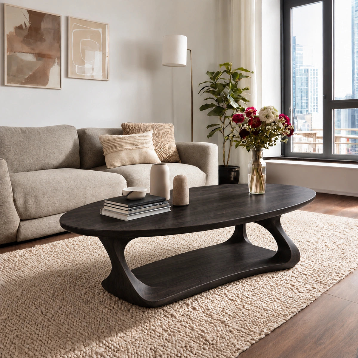 Oval Coffee Table with Flowing Curved Base in Natural Solid Woods - Woodenecho - 7