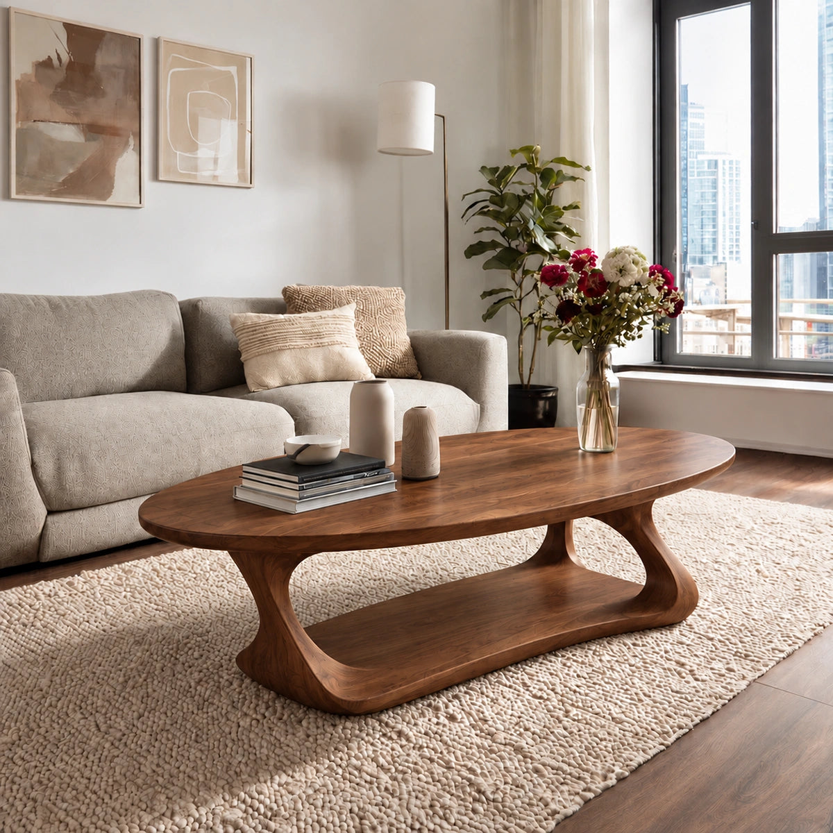 Oval Coffee Table with Flowing Curved Base in Natural Solid Woods - Woodenecho - 8
