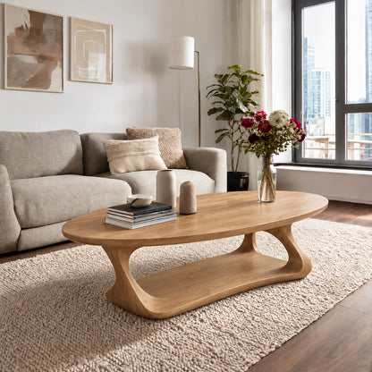Oval Coffee Table with Flowing Curved Base in Natural Solid Woods - Woodenecho - 9