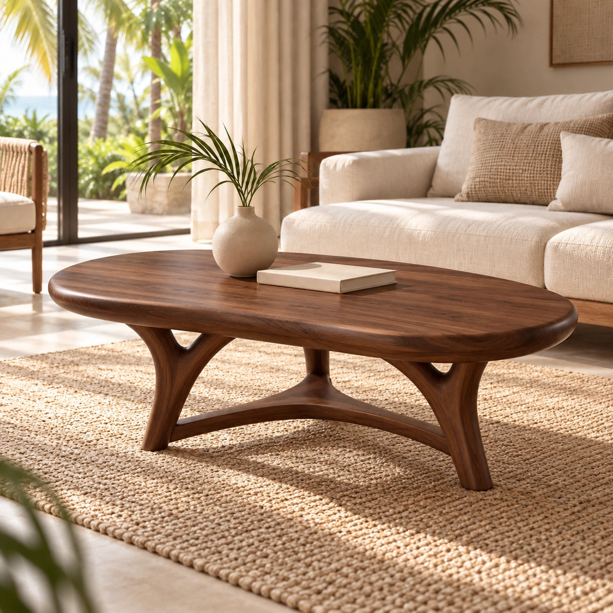 Oval Coffee Table with Sculptural Curved Legs in Natural Solid Wood - Woodenecho - 1