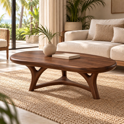 Oval Coffee Table with Sculptural Curved Legs in Natural Solid Wood - Woodenecho - 1