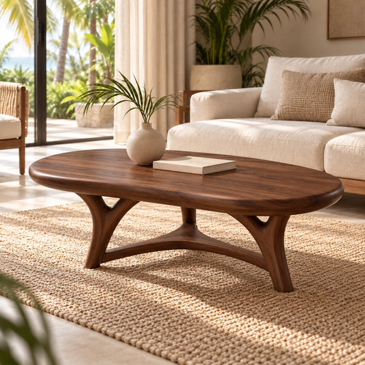 Oval Coffee Table with Sculptural Curved Legs in Natural Solid Wood - Woodenecho - 1